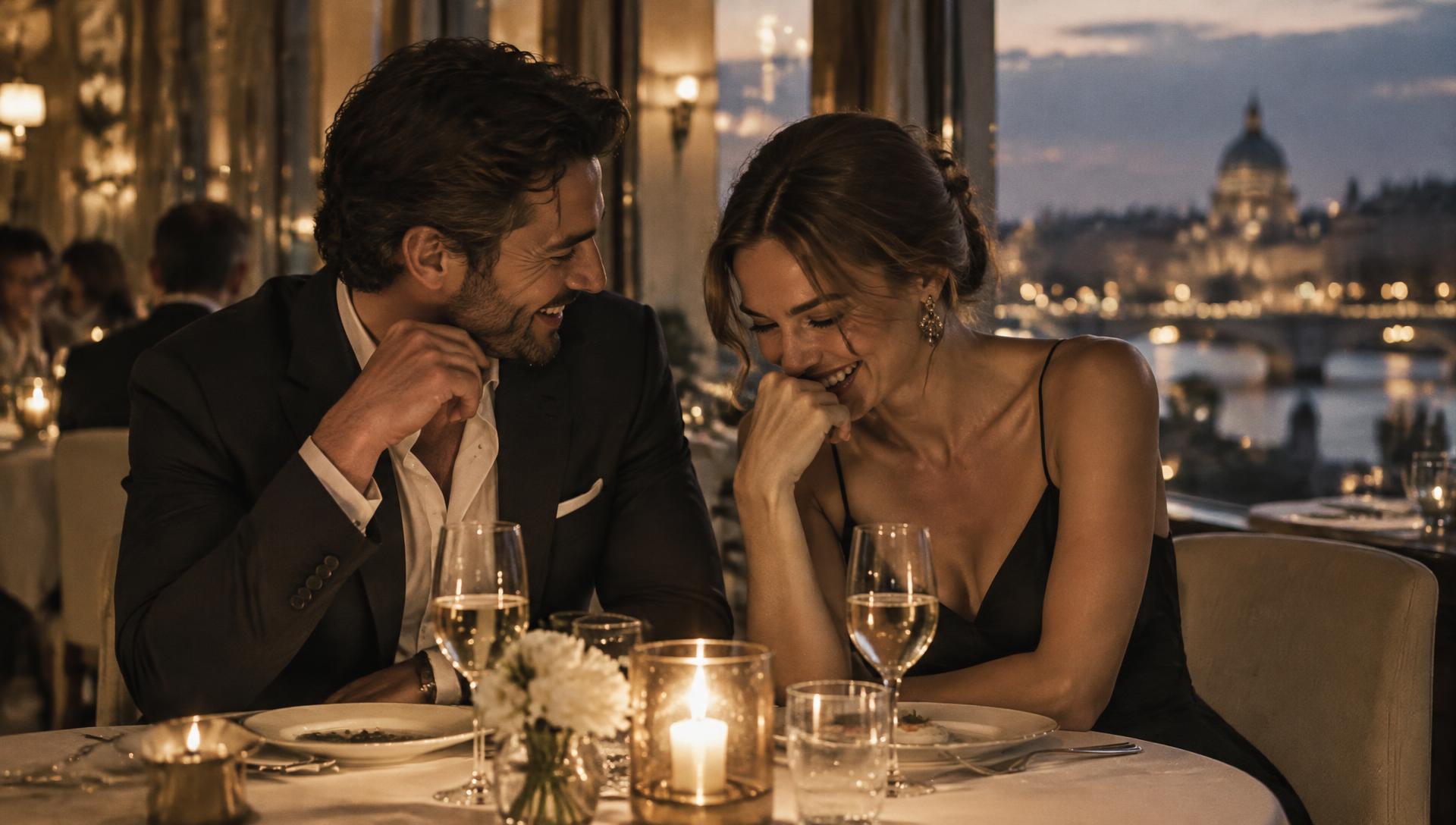 A couple sharing a quiet laugh over dinner