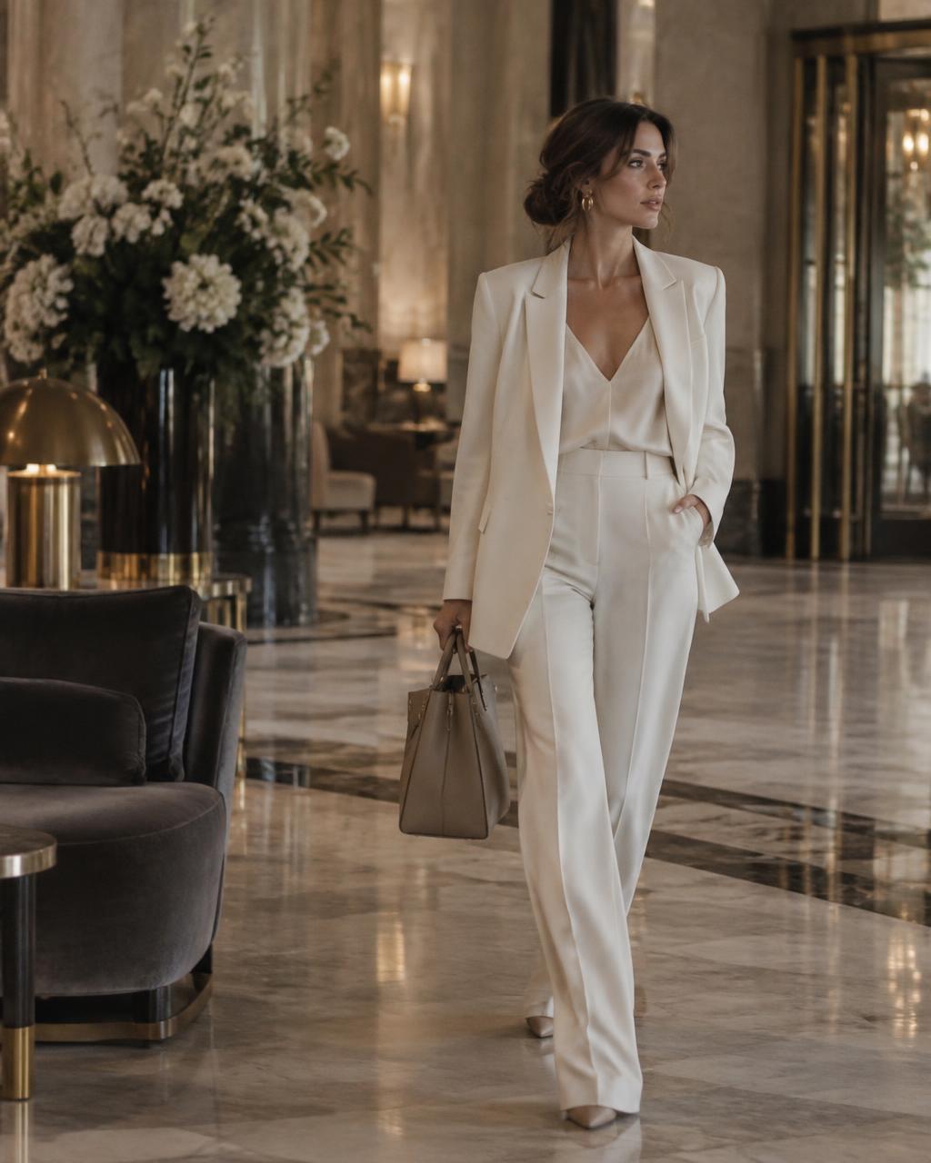 A woman in a cream suit walking through a hotel lobby