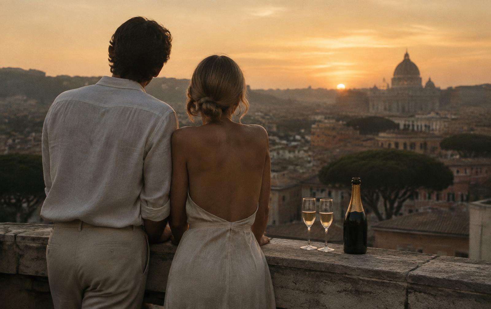 A couple watching the sunset over a city